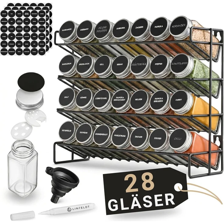 LINFELDT Gewürzregal Gewürzregal 28 Gläser + 108x Sticker, Stift, Schrauben zum Aufhängen – Bild 1