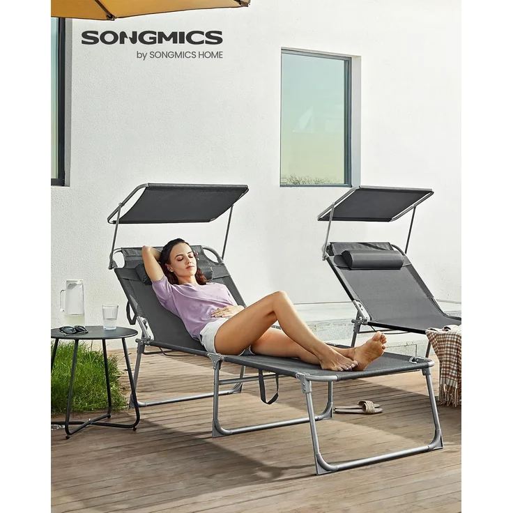 Songmics Sonnenliege mit Sonnenschutz, Kopfstütze & verstellbarer Rückenlehne, Stahl/Kunstfasergewebe, anthrazit, 200 x 71 x 38 cm – Bild 2