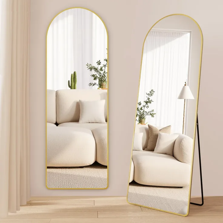 SONGMICS Ganzkörperspiegel, 160x50 cm, gewölbter Standspiegel, Rahmen aus Aluminiumlegierung, Hartglas, abgerundete Ecke, für Schlafzimmer, Wohnzimmer, Garderobe, blassgold LFM051AB01