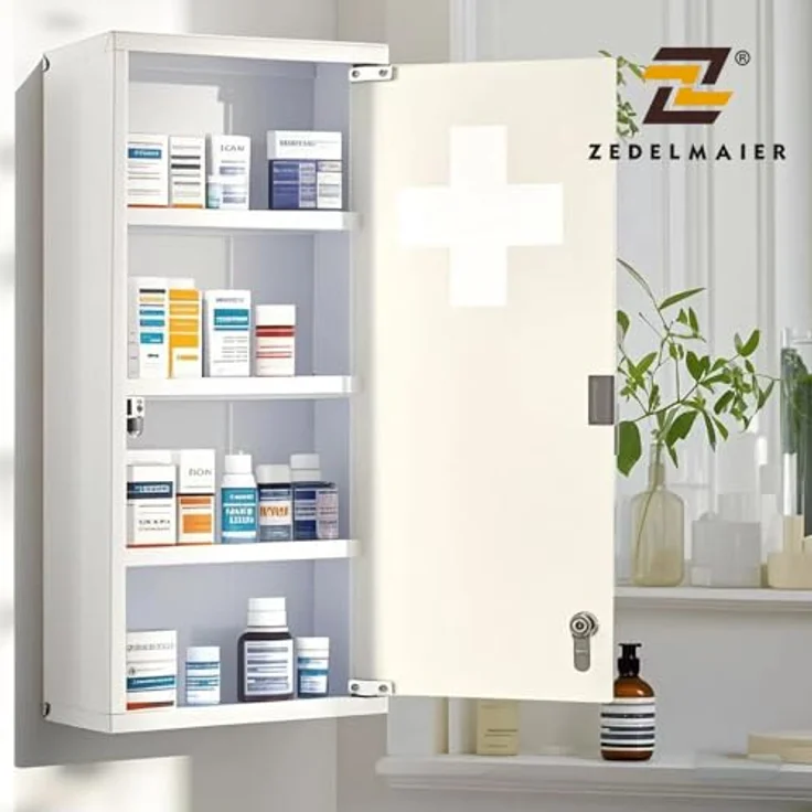 Zedelmaier Medizinschrank aus Edelstahl,Medikamenten Aufbewahrung,Medikamentenschrank 4 Fächer,Apothekerschrank,Hängend,Abschließbarer Medizinschrank,57 x 27 x 12 cm,Weiß – Bild 3