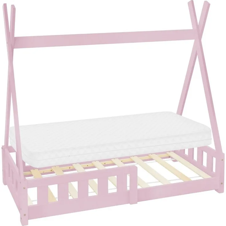 ML-DESIGN Spielbett Hausbett Tipi Zeltbett inkl. Lattenrost Bodenbett Kinder Himmelbett, Abenteuerbett mit Rausfallschutz Zelt Bett Kiefer Rosa Kinderhaus