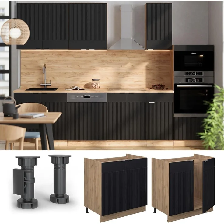 Spülenunterschrank Fame-Line Schwarz gestreift 80 cm ohne Arbeitsplatte Vicco – Bild 4