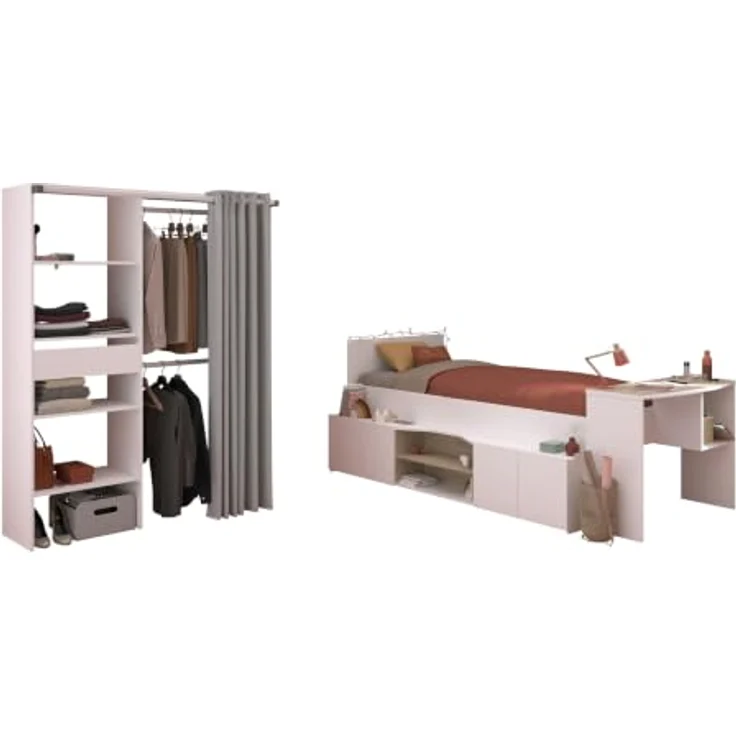 Jugendzimmer Hochbett Cleo von Parisot Jugendbett Funktionsbett 90 x 200 cm in Weiß und Jackson Eiche mit Stauraum komplett Set - in verschiedenen Zusammenstellungen wählbar - 2 teilig , halbhohes Hochbett und Kleiderschrank – Bild 2
