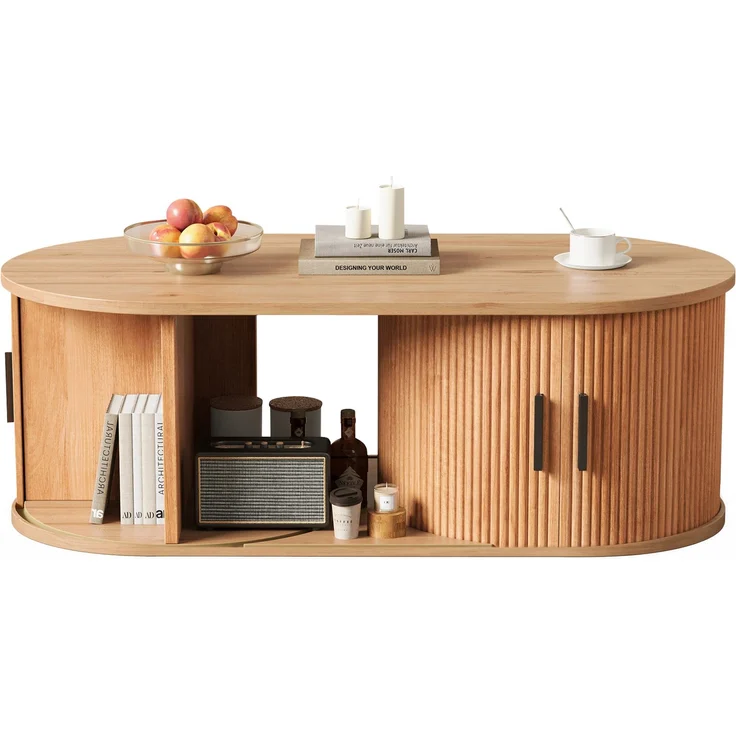 Couchtisch 100 x 50 x 33 cm, mit ovaler Tischplatte, mit verdeckt liegendem Stauraum, aus MDF und Spanplatte, Naturfarben – Bild 19