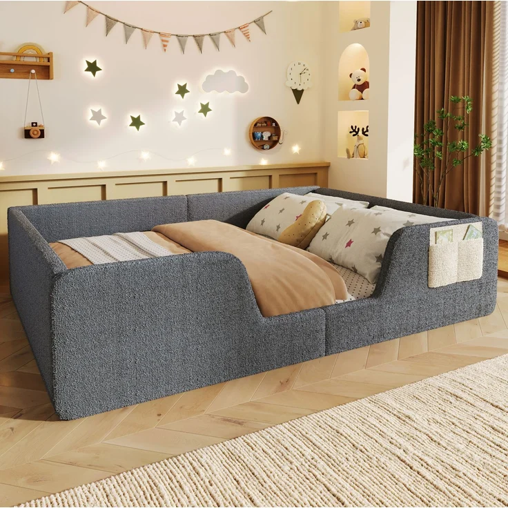 CHICFURN Polsterbett aus Samt Grau 140x190 cm mit abnehmbaren Seitengittern – Bild 1