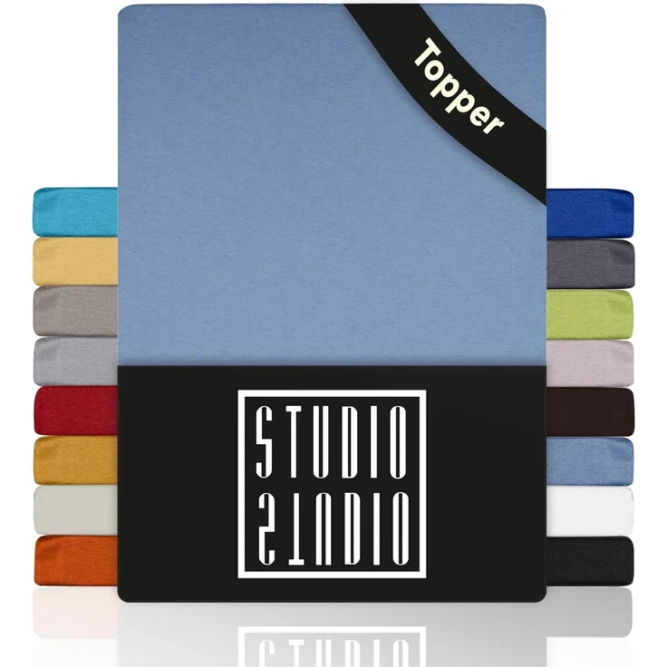STUDIO Basic Topper Spannbettlaken 120x200 cm, 100% gekämmte Baumwolle, Oeko-TEX 100, Markenqualität, Bettlaken 120x200 Topperbezug Jersey - Mittelblau – Bild 1