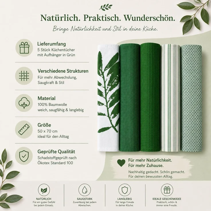 Küchentücher, Geschirrtücher Haushaltstücher 5er Set Grün – Bild 3