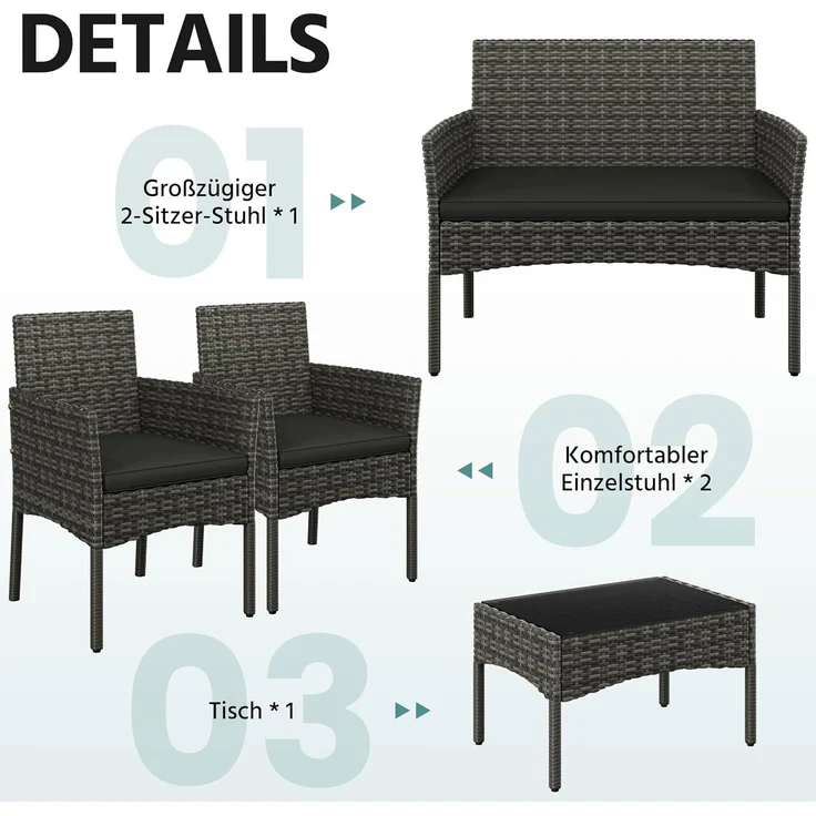 Yaheetech Balkonset Gartenmöbel-Set 4-er Set Rattanmöbel für 4 Personen, Gartengarnitur aus Zweisitzer-Sofa & 2 Einzelsofas & Kaffeetisch – Bild 4