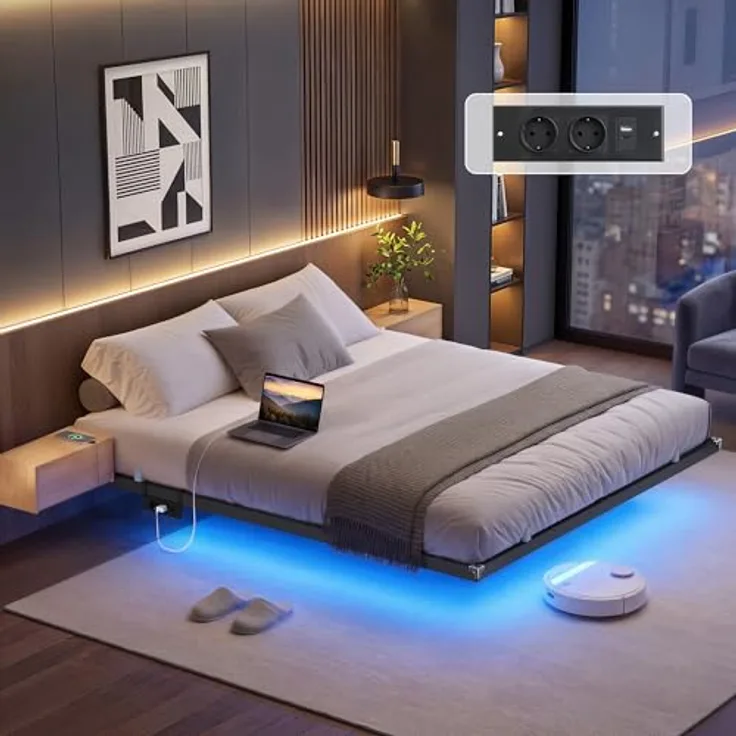 VASAGLE Bettgestell 180x200 cm, schwebender Effekt, LED-Beleuchtung, abnehmbare Steckdosenleiste, 2 AC-Steckdosen, 1 USB-C-Anschluss, 2 USB-A-Anschlüsse, trägt bis 500 kg, tintenschwarz RMB178B101