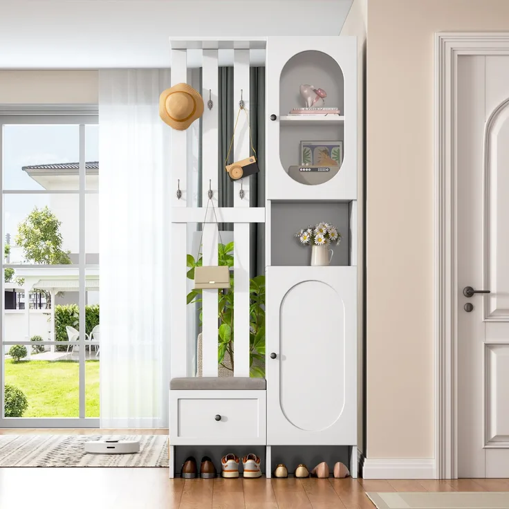 Garderobenschrank 85x33,5x200 cm, weiß, mit 2 Schränken, Schuhbank, 6 Haken und Glastür