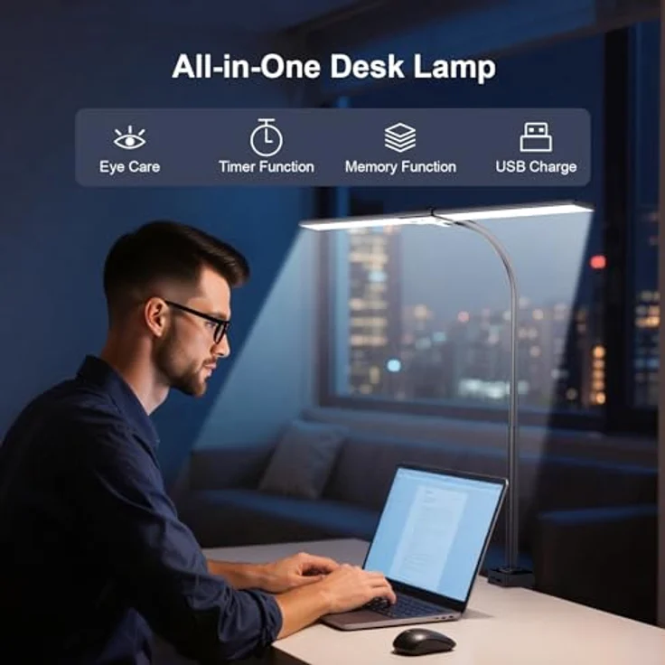 YICAIZI Schreibtischlampe LED Dimmbar - 1500LM 24W Klemmbar Büroschreibtischlampe mit Fernbedienung, 80CM Schwanenhals Schreibtisch Lampe USB-Ladeanschluss, für Büro & Zuhause, Schwarz – Bild 6