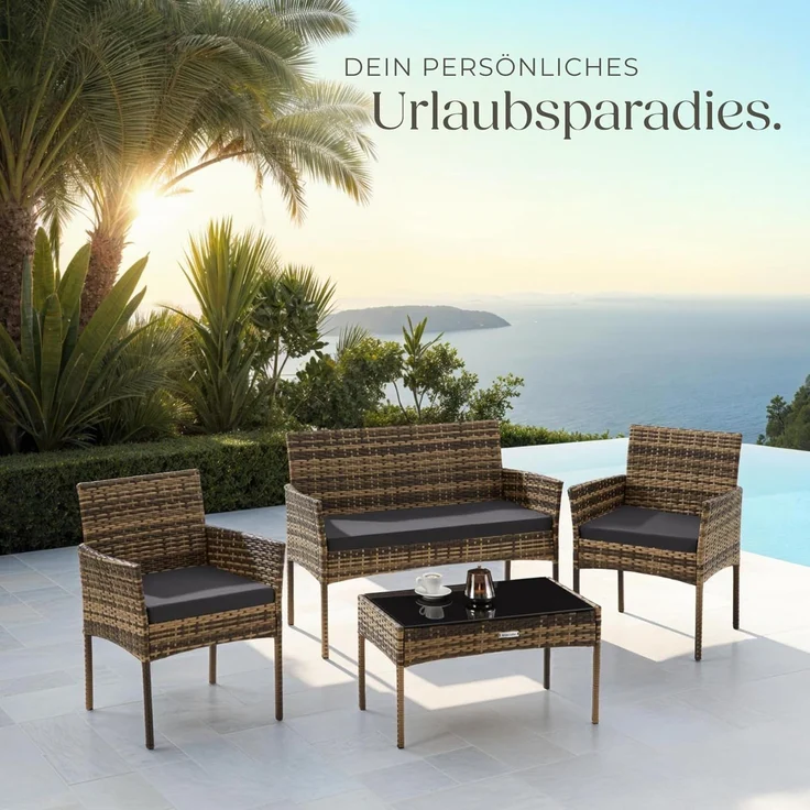 tectake Sitzgruppe Rattan Gartenset, (Set, 4-tlg), Wasserabweisende, abnehmbare und waschbare Polyesterbezüge – Bild 8
