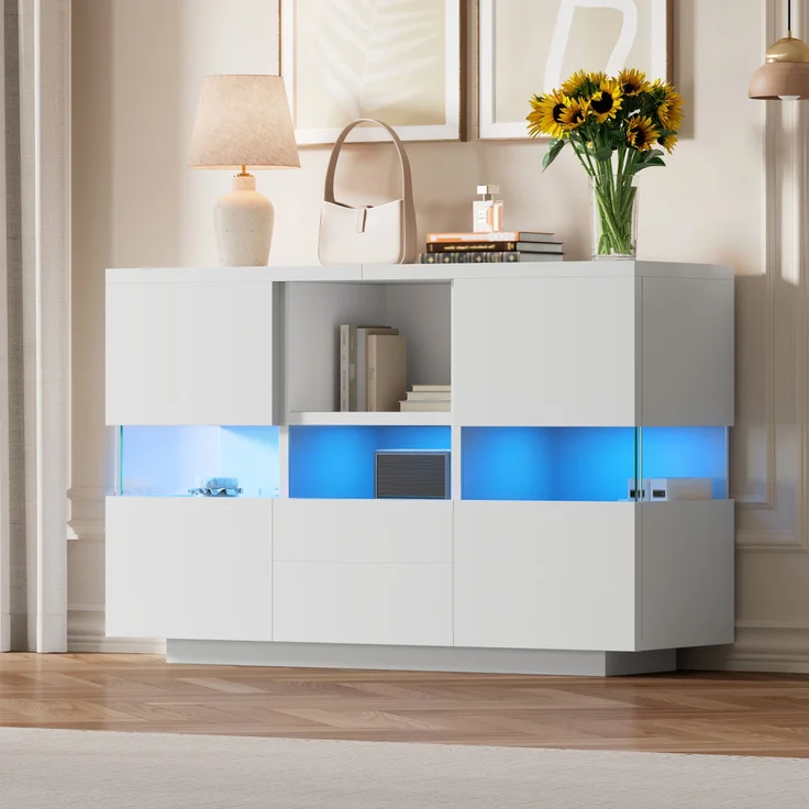 Wohnzimmerschrank aus Holzwerkstoff mit Glasvitrine & LED, 140x35x75 cm, Weiß – Bild 2