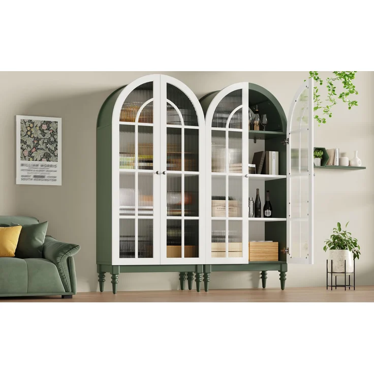 2-set Bogen-Vitrinenschrank 165cm mit Riffelglas-Doppeltüren, 3 Einlegeebenen, 2 Farben (Dunkelgrün+Weiß)--Grün--76x38.5x165cm--YOUDENOVA – Bild 4