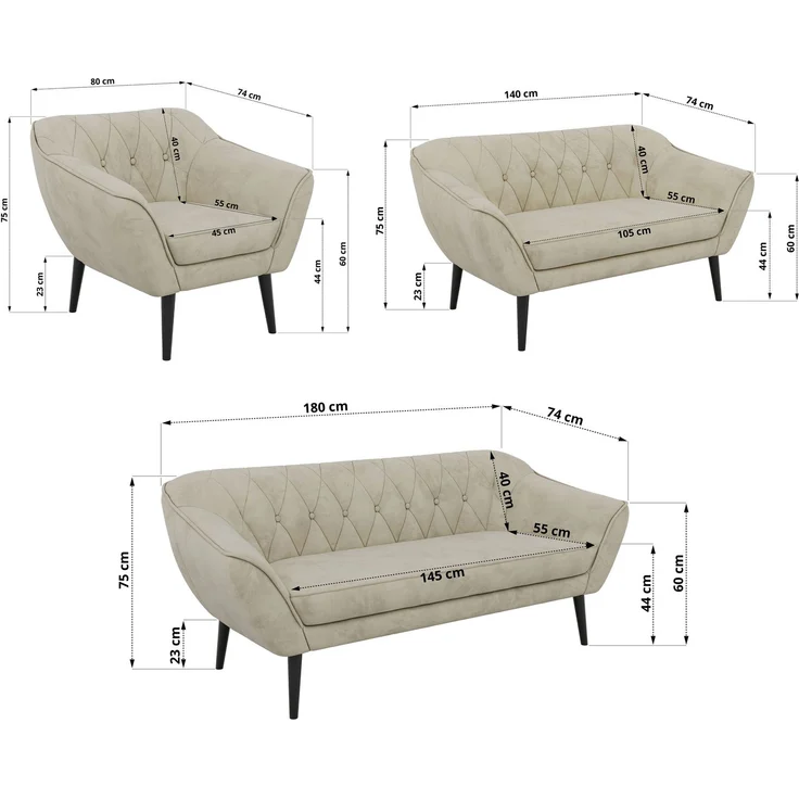 Wohnzimmerset PIRS 1-2-3, Skandinavisches Komplettset, Wellenfederung, schwarze Füße, Sitzgruppe, Möbelset - Beige Velvet – Bild 5