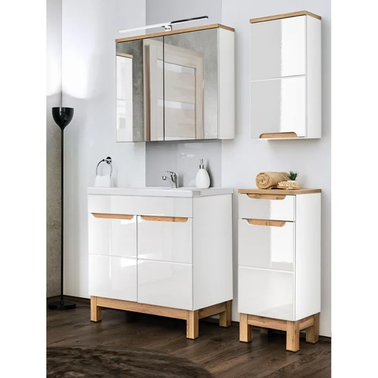Badezimmermöbel Set mit 80cm Waschtisch & LED-Spiegelschrank SOLNA-56 in Hochglanz weiß, B/H/T ca.: 130/200/46 cm