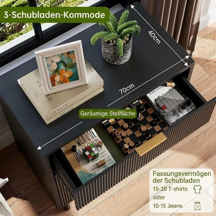 GarveeMore Kommode Kommode mit 3 Schubladen Sideboard Schubladenschrank 70x40x76cm – Bild 3