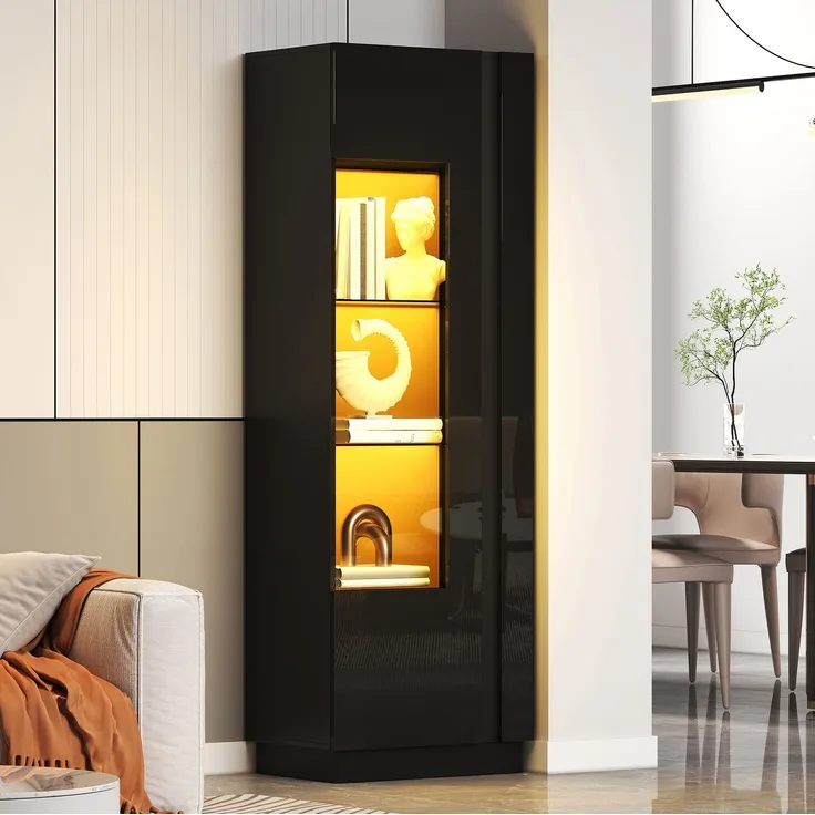 Vitrine 60x40x180 cm in Schwarz mit Acrylglastür und LED-Beleuchtung