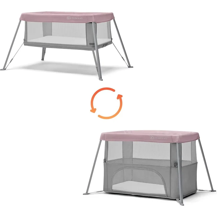 kk Kinderkraft Kinderkraft Reisebett 2 in 1 MOVI, faltbares Kinderbett, Laufgitter, Separater Eingang, 2 Matratzenhöhen, Zusammenklappe, mit Zubehör, Matratze, Tragetasche, Rosa, Stahl, Aluminium – Bild 5