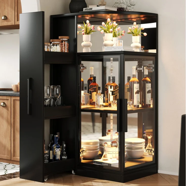 Glasvitrine 64 x 42 x 112 cm in Schwarz mit LED-Beleuchtung und ausziehbarem Seitenschrank – Bild 3