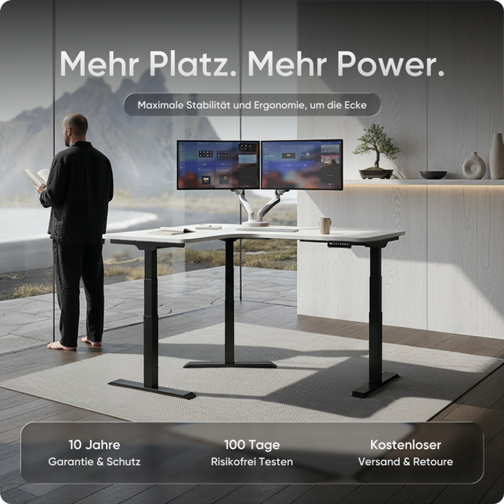 DESKSPACE CORNER Schreibtisch, Elektrisch höhenverstellbar, 160 x 130 x 70 cm, Weiße Tischplatte, Schwarzes Gestell – Bild 2