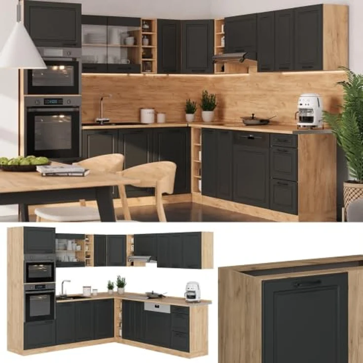 Eckküche R-Line Anthrazit Landhaus/Goldkraft Eiche 247 x 60 cm , AP Eiche Vicco – Bild 4