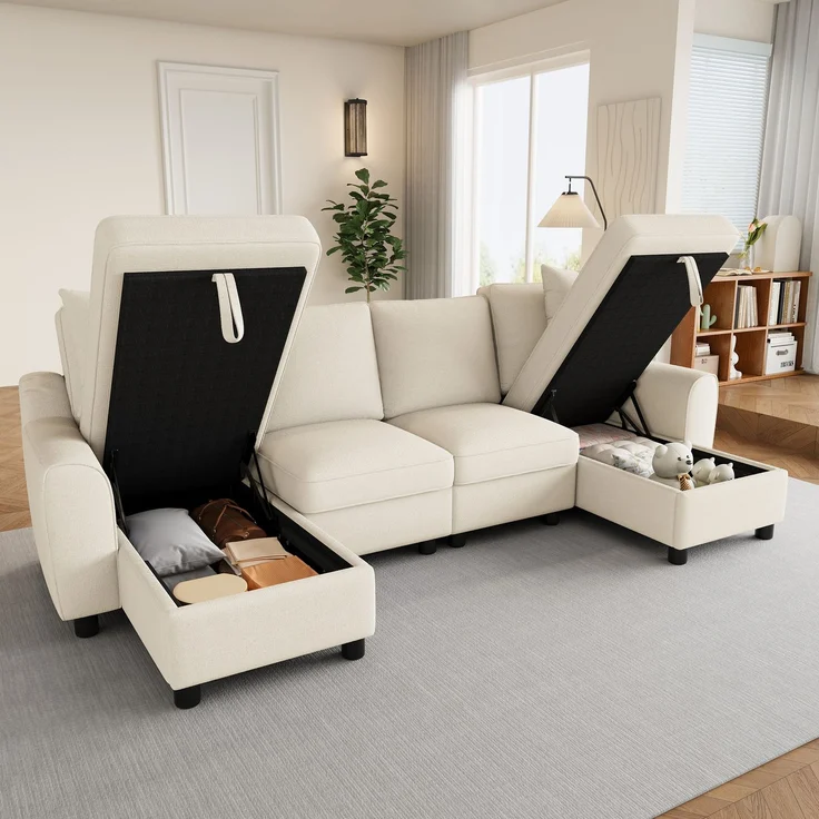 U-life Modernes Chenille U-Form 280x137 cm, fürs Wohnzimmer, 2-Sitzer, Zwei Kissen, Chaiselongues, Großzügig, Chenille, Beige – Bild 9