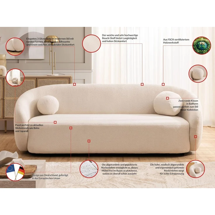S-Style Möbel Polstergarnitur 3+2+1 Roundi, Bouclé, Luxus & Moderne Kollektion – Bild 9