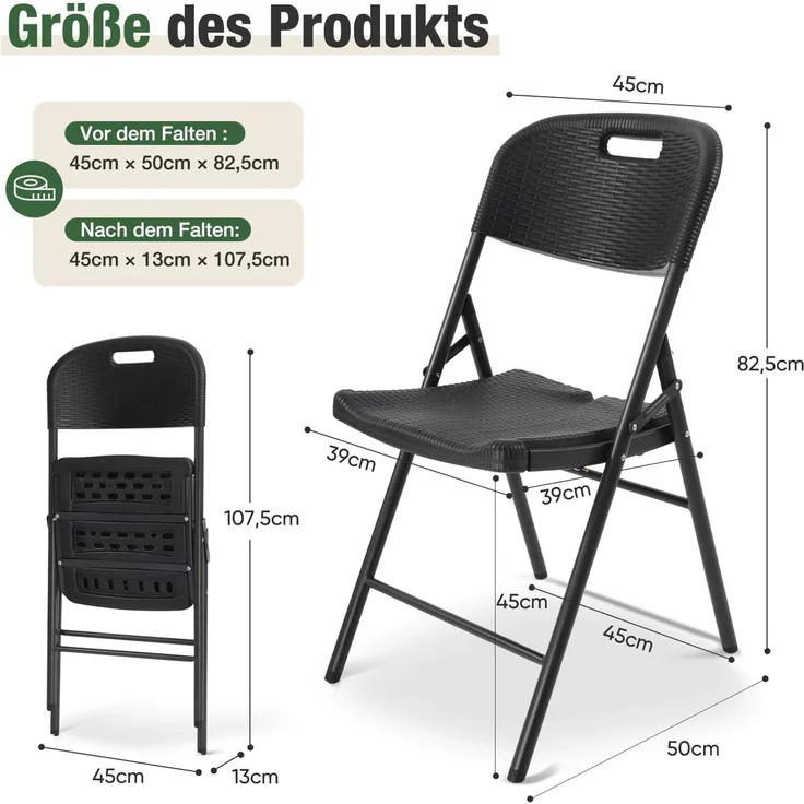 Sekey Klappstuhl 2er Set, Klappstühle aus Kunststoff und Metall, Campingstuhl Gartenstuhl Klappbar bis 150KG, Schwarz Rattanoptik – Bild 3