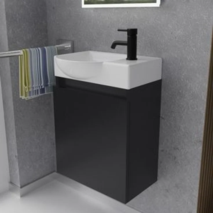 Alpenberger Badmöbel-Set Gäste WC Waschbecken mit Unterschrank - Hängeschrank Vormontiert, (Badschrank 2-tlg, Waschtisch hängend), Waschbeckenunterschrank Schwarz mit Softclose – Bild 6
