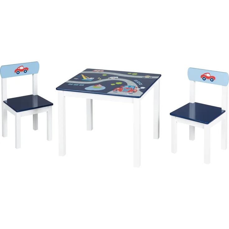 roba Kindersitzgruppe 'Rennfahrer' - 2 Kinderstühle & 1 Tisch - mit Fahrzeug-Motiven - Blau / Weiß