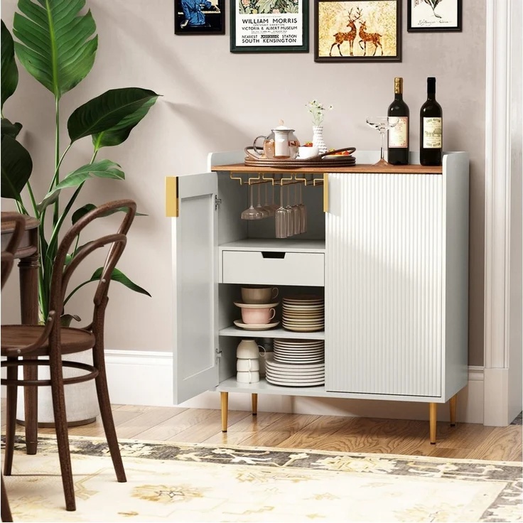 HOLTICO Weinschrank Multifunktionaler Bar-Schrank, moderner Kaffeetresen-Schrank (1-St) mit 9 Flaschenregalen, 6 Glas-Halterungen, Schublade & Regalen – Bild 1