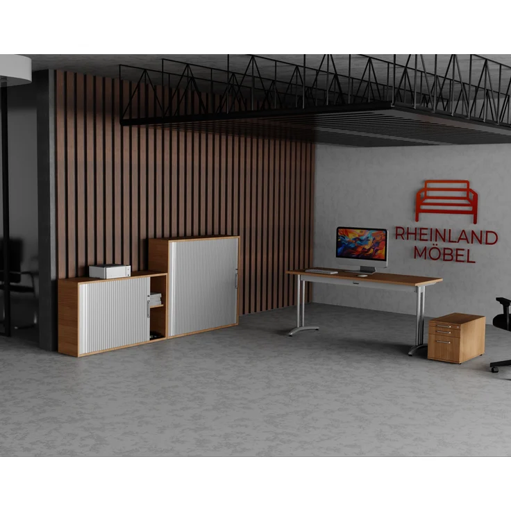 Rheinland Möbel Querrollladenschrank Rollino 120×40×75 cm – abschließbarer Rollladenschrank 2OH in Nussbaum/Silber mit Metall-Bogengriff – Bild 4