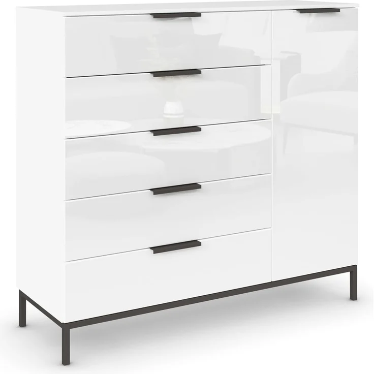Rauch Möbel Flipp, Kommode mit Stauraum für Wohnzimmer, Schlafzimmer, 2 Fachböden, mit Metallkufe graphit, Alpinweiß/Glasfront Weiß, 1-türig, 5 Schubkästen, Griffe graphit, 120 x 111 x 42 cm – Bild 1