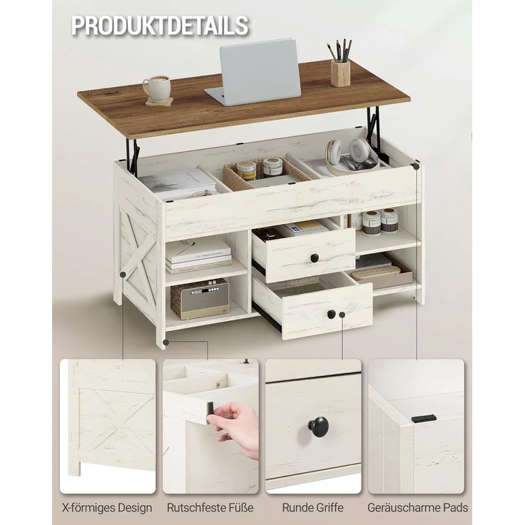 Couchtisch, höhenverstellbar, 2 Schubladen und Versteckter Stauraum, Weiß-Braun, 50 x 100 x 47,3-61,3 cm – Bild 5