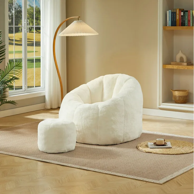 DESVIAE Sitzsack Blütenform Offwhite aus Polyester-Kaninchenfell-Imitat – 105x70x105 cm – Fußhocker