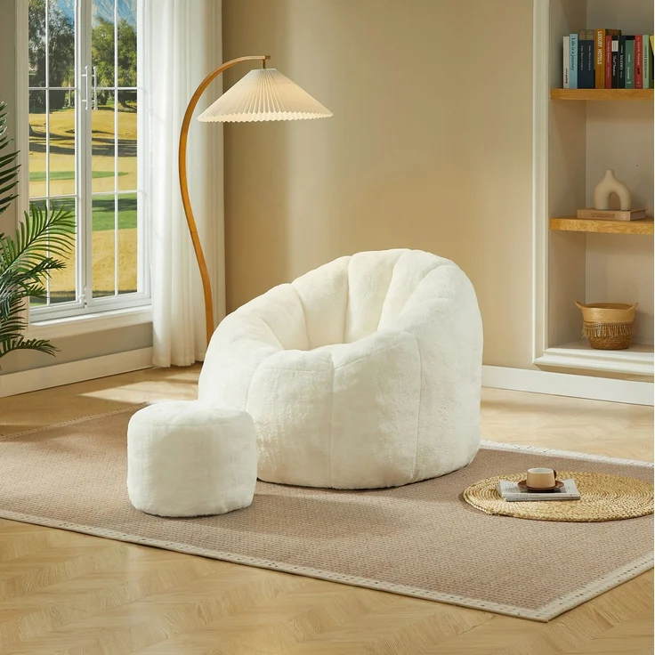 DESVIAE Sitzsack Blütenform Offwhite aus Polyester-Kaninchenfell-Imitat – 105x70x105 cm – Fußhocker – Bild 1