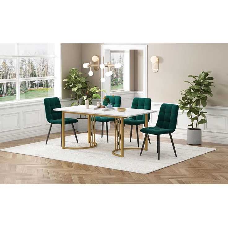 Merax Essgruppe (5-tlg), Esstisch mit 4 Stühlen Set, Moderner Küchentisch Set , 140×80cm Küchentisch mit Golden Metallbeinen, MDF Tischplatte in Weißer, Dunkelgrün Samt Esszimmerstühle – Bild 2