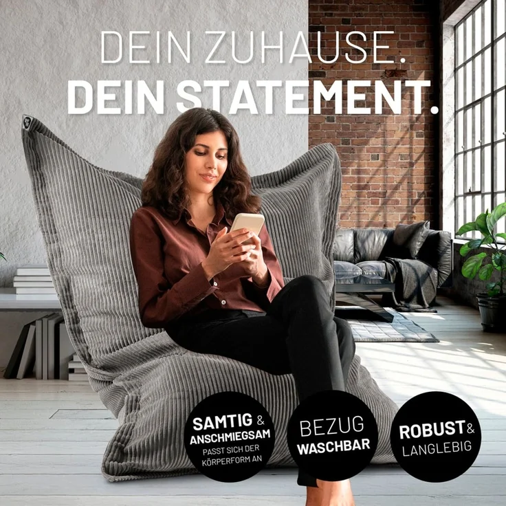 Lumaland Sitzsack Classic XXL Cord | Riesen Sitzsack XXL mit Softer Rippenstruktur – ideal zu Cord Sofa & Sessel Indoor Bean Bag für Wohnzimmer, Schlafzimmer & Co. - 380 L, 140x180 cm – Bild 3