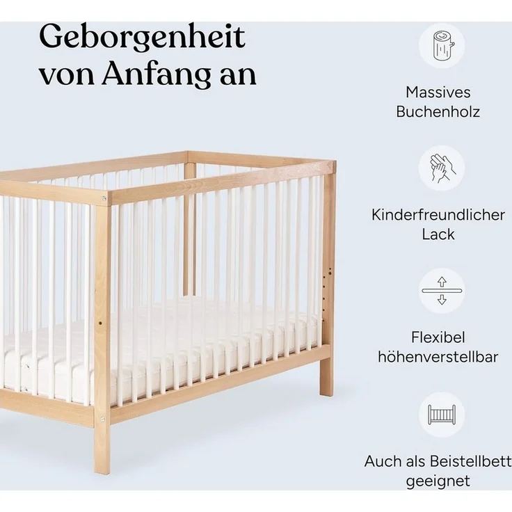 Ehrenkind® Babybett PUR inkl. Matratze 120x60 Buchenholz | Natur | Kinderbett 9-Fach höhenverstellbar mit entnehmbaren Stangen | Baby Bett – Bild 2