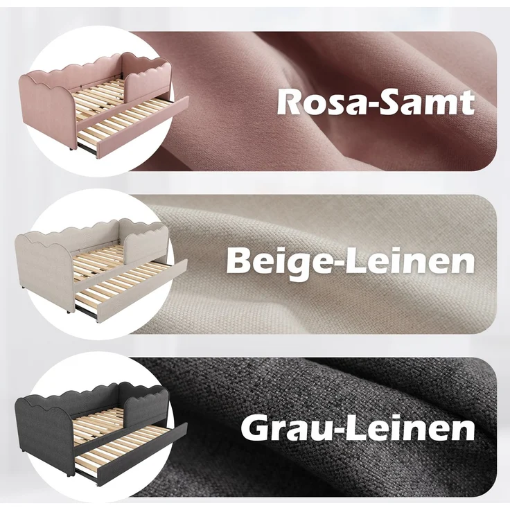 EINHOM Polsterbett Daybett 90 x 190 cm, Tagesbett Schlafsofa mit Ausziehbett 90 x 190 cm, Kinderbett mit Lattenrost, Samt, Rosa, (Ohne Matratze) – Bild 4