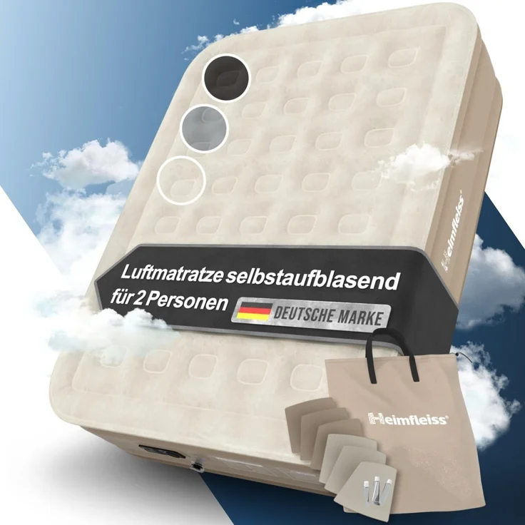Heimfleiss® Luftbett 2 Personen | Premium Aufblasbare Matratze 150x200 cm | Luftmatratze selbstaufblasend ideal nutzbar als Gästematratze & Campingmatratze | Aufblasbares Bett für Kinder & Erwachsene – Bild 1