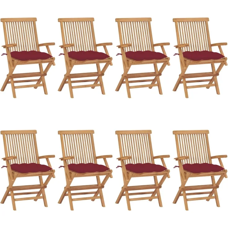vidaXL Gartenstühle mit Weinroten Kissen 8 Stk. Massivholz Teak 3072913
