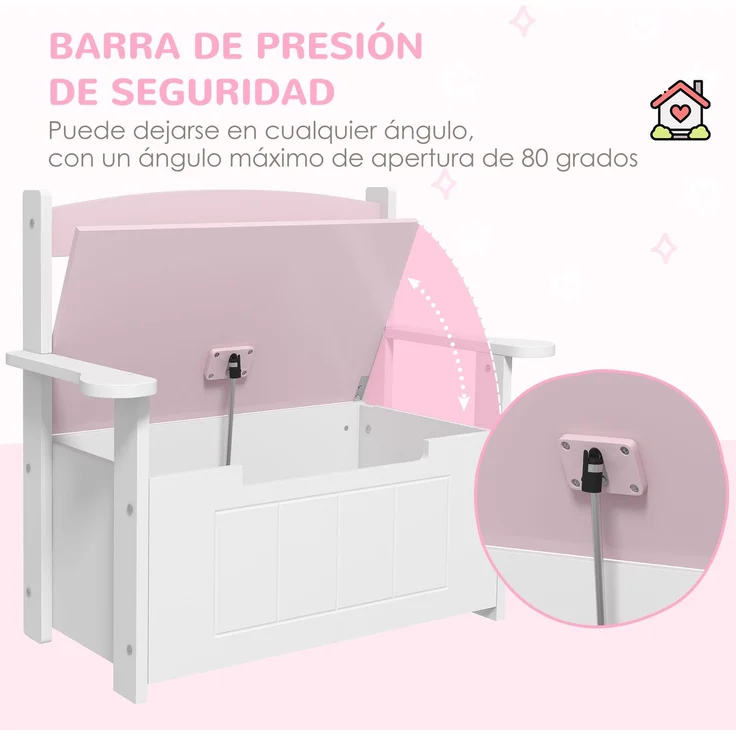 JARDJ Kinder-Aufbewahrungsbank mit Rückenlehne und Soft-Close-Deckel, Tragkraft 30 kg, für Spielzimmer, 68,5 x 34 x 58 cm, Rosa und Weiß – Bild 8