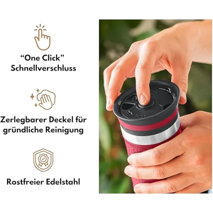 Milu Thermobecher Isolierbecher Kaffeebecher to go - 370ml - 100% Auslaufsicher - Trinkbecher aus Edelstahl - Autobecher doppelwand Isolierung - Thermo Becher - Travel Mug - (Rot, 370ml) – Bild 4