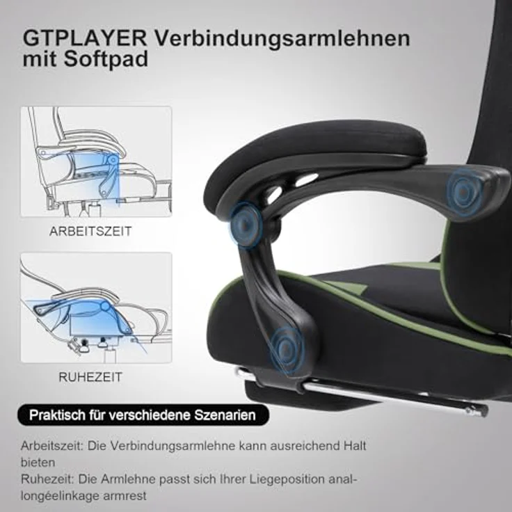 GTPLAYER Bürostuhl Gaming Stuhl Stoff Gaming Sessel Ergonomischer Gamer Stuhl mit Fußstütze, Kopfstütze Lendenkissen, Gepolstert Gaming Chair, Drehsessel – Bild 5