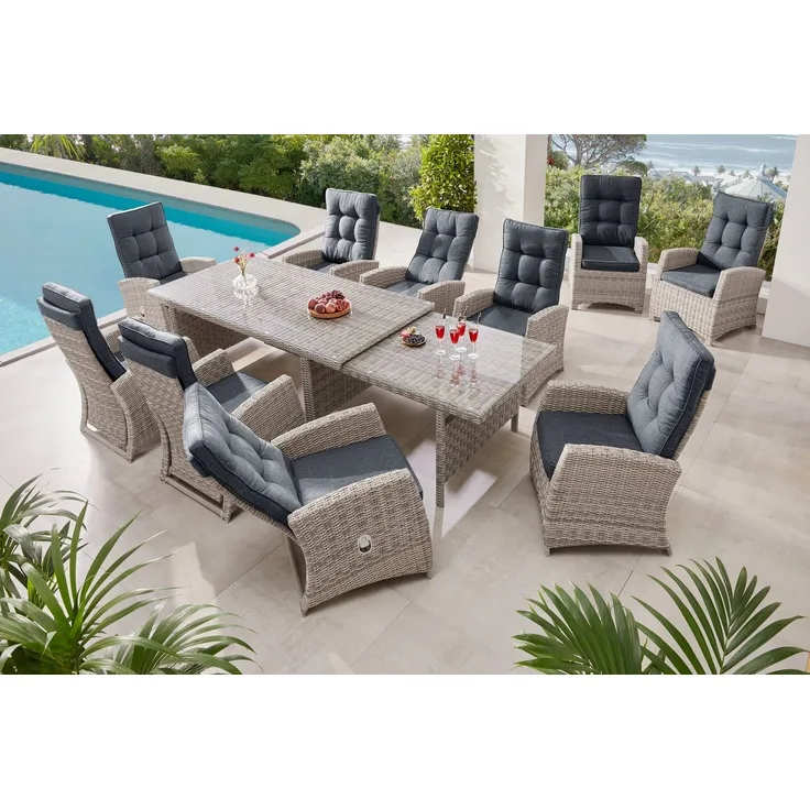 KONIFERA Garten-Essgruppe Monaco, (Set, 31-tlg, 10x Sessel, 1xTisch 200-366x100x75,5cm, inkl. Auflagen, Polyrattan,Alu), Rückenlehne verstellbar, Tischplatte aus 5mm starkem Sicherheitsglas