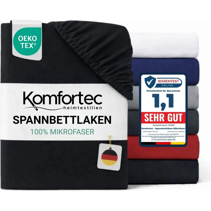 Komfortec Mikrofaser Spannbettlaken 160x200 cm – Weiches Spannbetttuch mit Rundumgummi – Fitted Sheet für Matratzen bis 30 cm – Schwarz – Oeko-Tex – Pflegeleicht & Hautfreundlich – 90g/m² – Bild 1