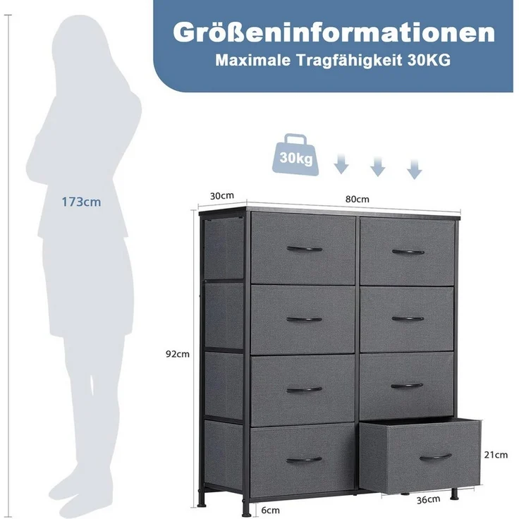 DUMOS Schubkastenkommode Kommode mit 8 Schubladen Stoffkommode mit Stabilem Stahlrahmen, 8 Schubladen – Bild 2