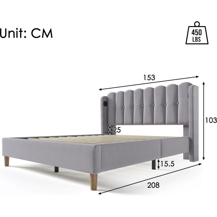 Einzelbett 140x200 cm Grau Leinen mit USB & Type-C Ladeanschluss,gepolstertes Kopfteil,Design-Paneel,stabiler Rahmen – Bild 8